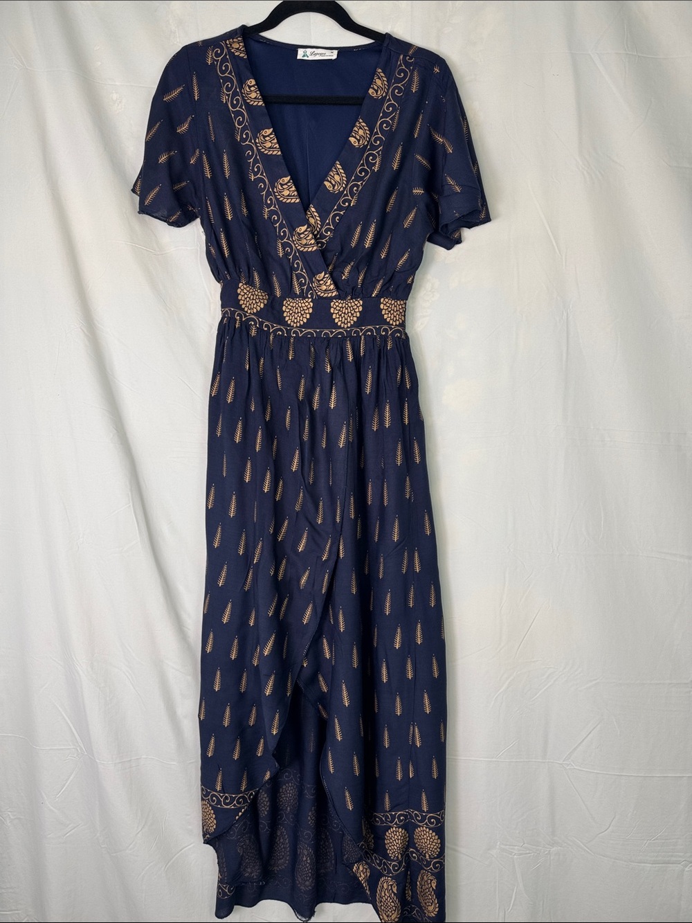 Navy and Gold Wrap Style Maxi Dress by Lapogee